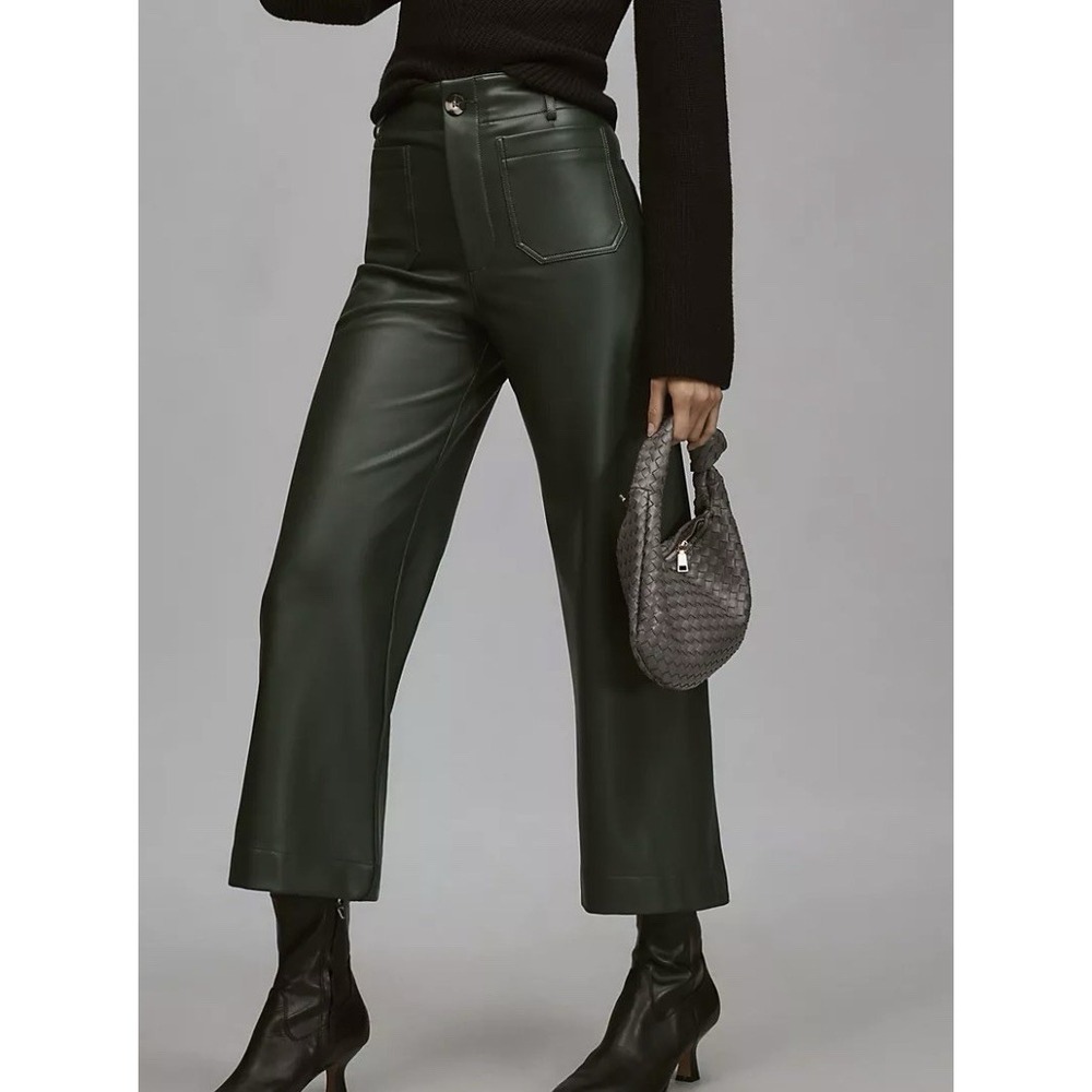 Maeve Colette Pants 31 (US 12) Faux Leather Green Wide Leg Cropped High Rise